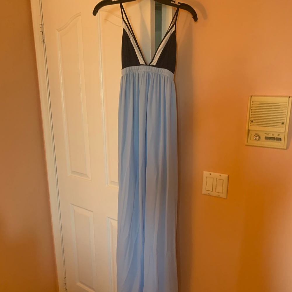 Long blue romper with sheer overlay